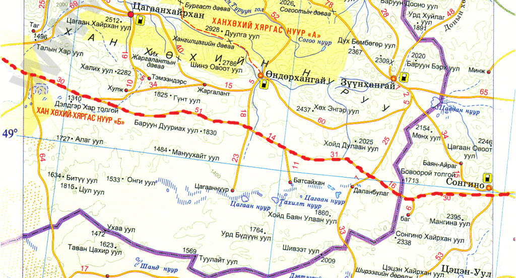 Карта маршрута от озера Хяргас нуур к Сонгино.
