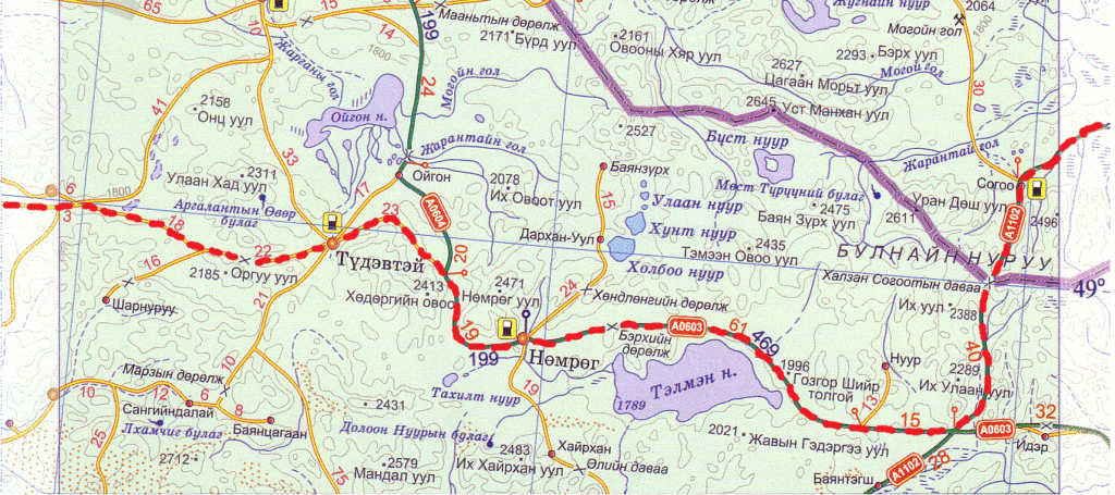 Карта маршрута от Сонгино к озеру Тэлмэн. Route map from Songino to Talmen lake.
