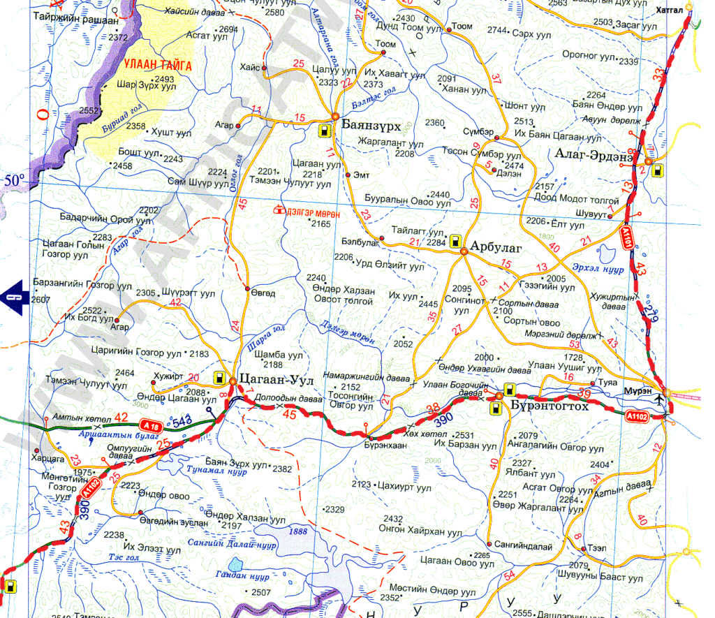 Карта маршрута к озеру Хубсугул. Route map to the lake Hubsugul.